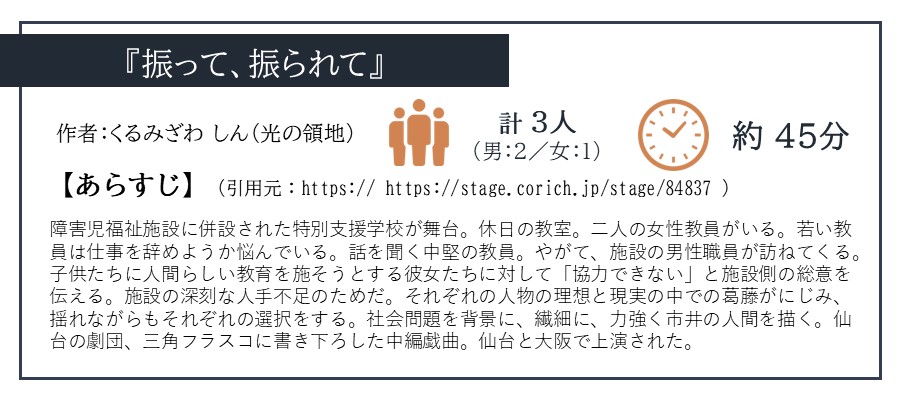 せんだい演劇工房10-BOX『せんだい短編戯曲賞2015』「振って、振られて/くるみざわ しん（光の領地）」