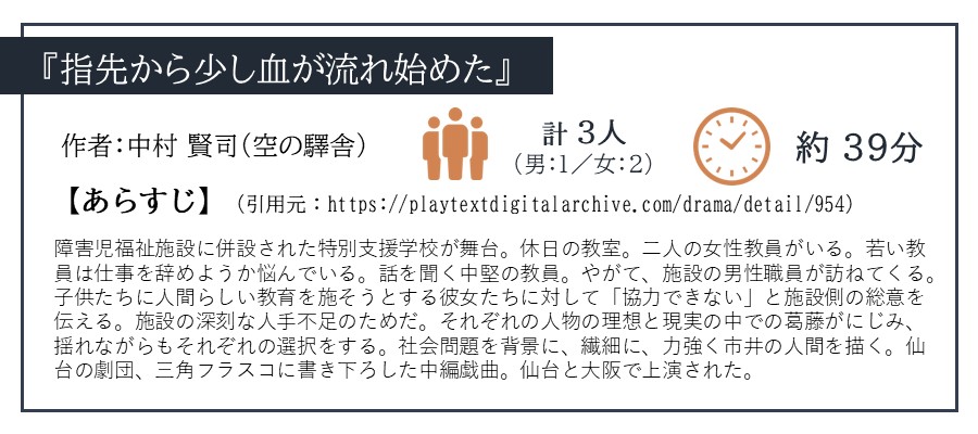 せんだい演劇工房10-BOX『せんだい短編戯曲賞2014』「指先から少し血が流れ始めた/中村 賢司（空の驛舎）」
