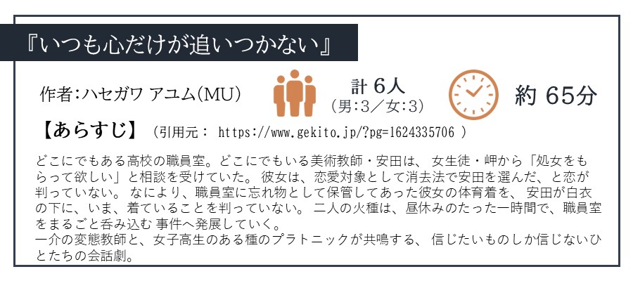 せんだい演劇工房10-BOX『せんだい短編戯曲賞2014』「いつも心だけが追いつかない/ハセガワ アユム（MU)」